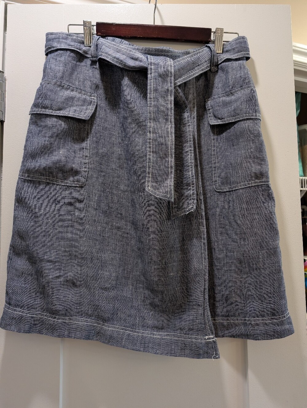 100% Linen Faux Wrap Skirt,10